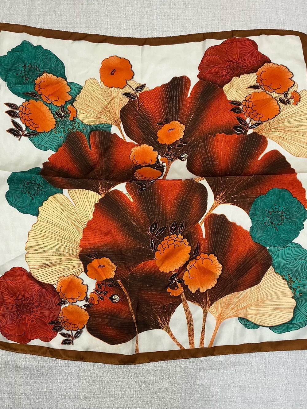 Vintage Style Floral Square Neck Scarf Rust Orange Teal Brown Botanical Print